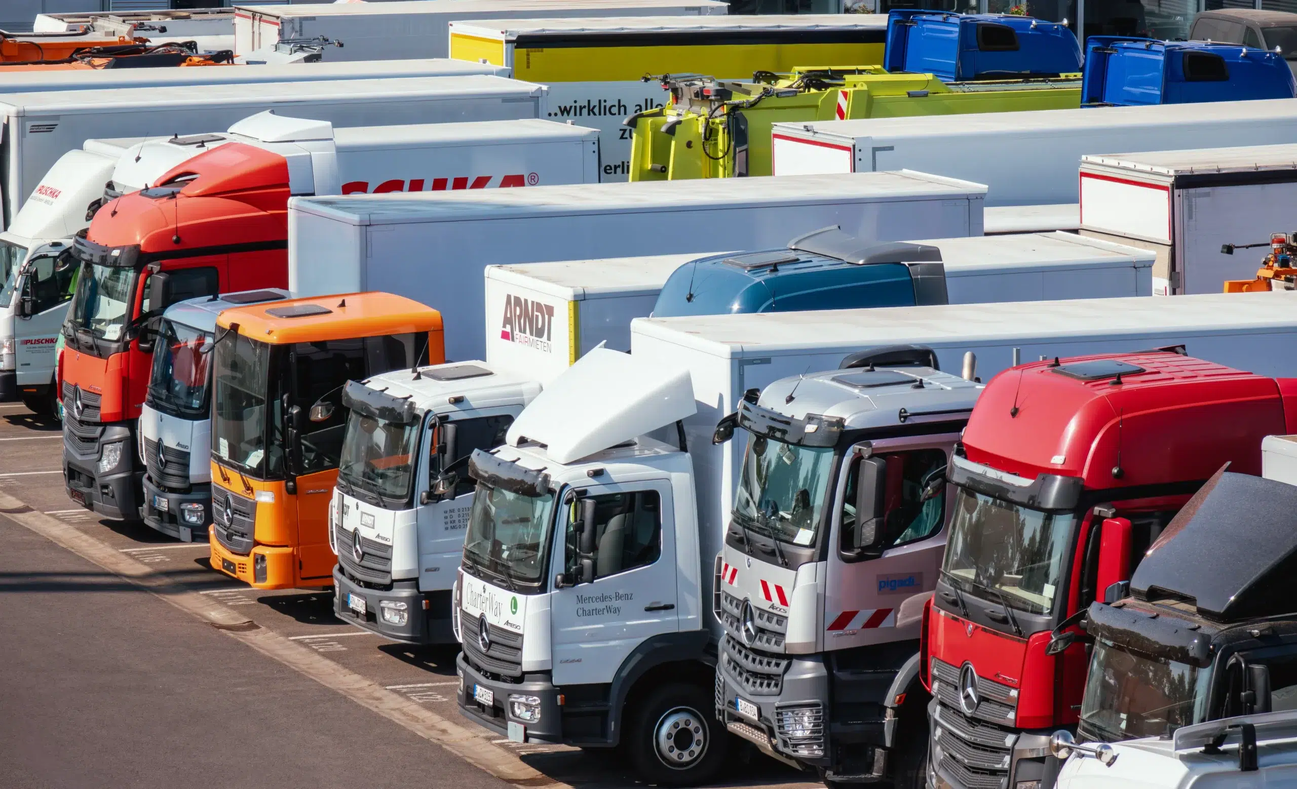 Aerial view of a truck yard with trailers