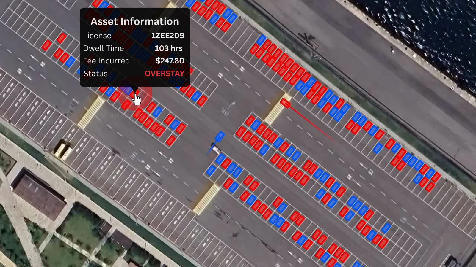 Aerial port yard view with tracked vehicle overlays and asset information panel.