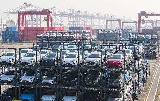 A batch of vehicles stacked in vertical shelves about to be exported at the Taicang International Container Terminal in east China’s Jiangsu province